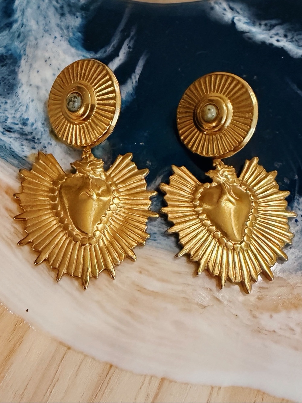 Gold Sacred Heart Labdorite Gold Drop Earrings - Women Jewelry